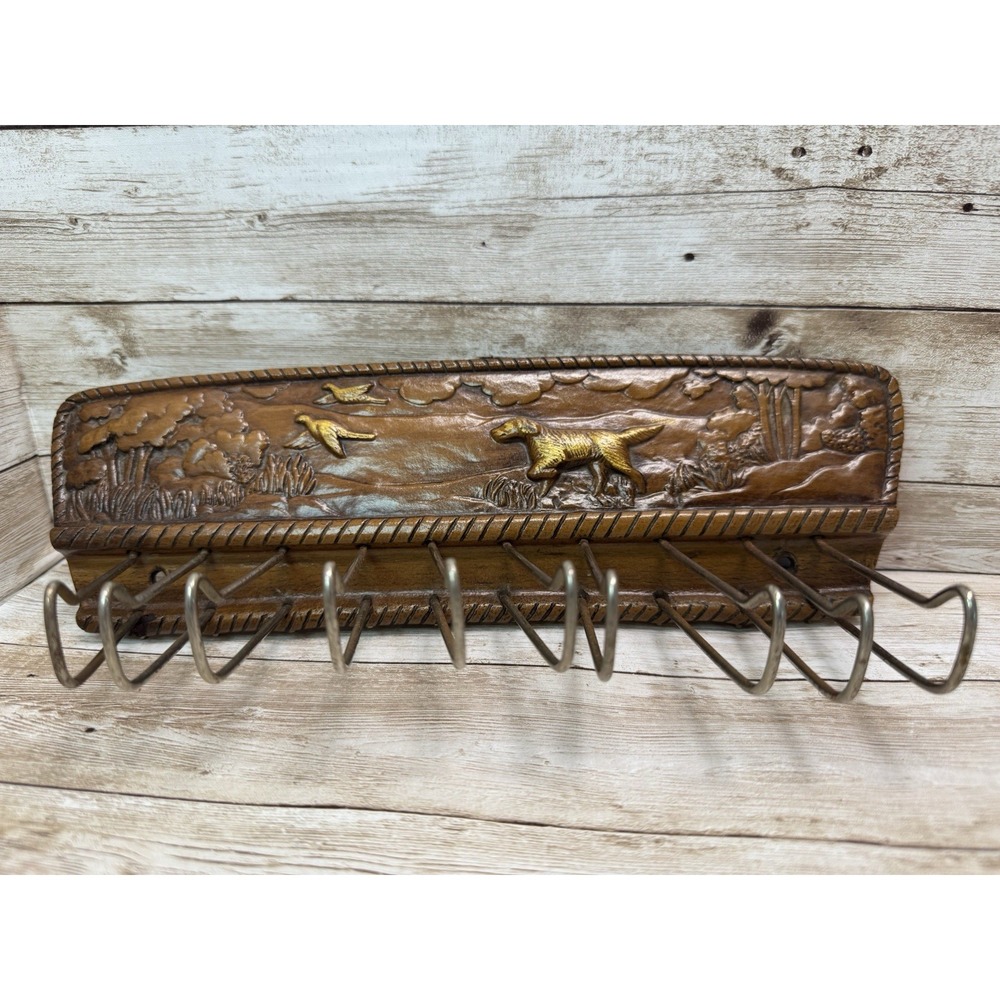 Hunting Dog Birds Syroco Wood Tie Rack 1940s-1950s Vintage Wall Decor Cabin Core